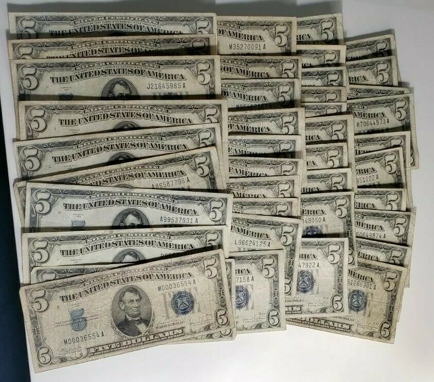 40 Circulated $5 Blue Seal Five Dollar Silver Certificate Notes: 1934